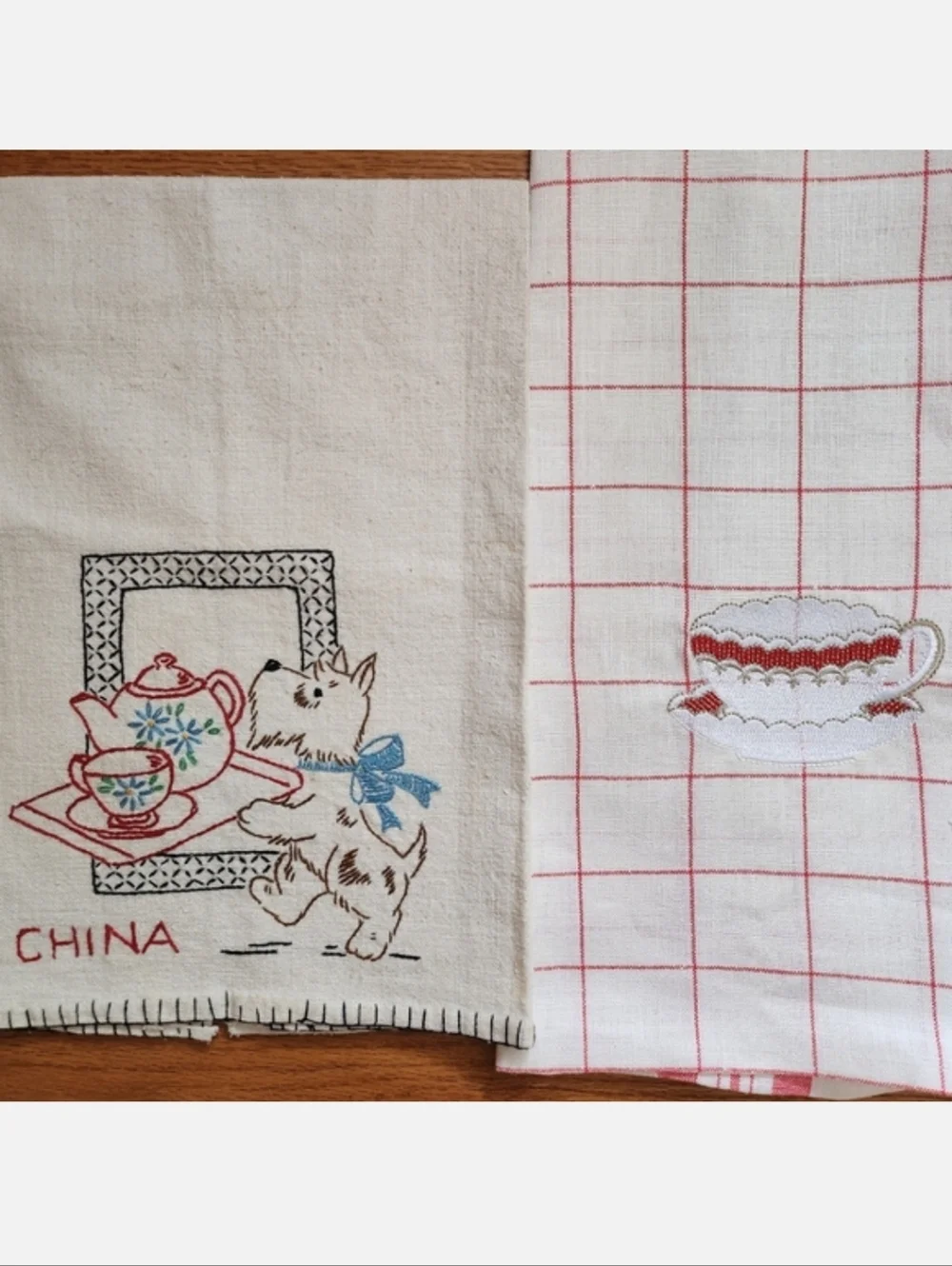 Two Kitchen Towels- Embroidered Linen Towel and Cotton Towel
